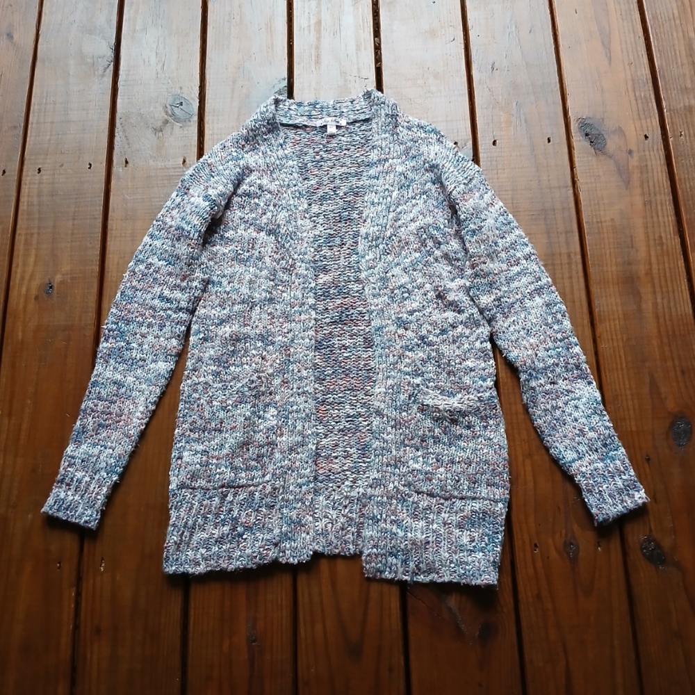 XS blue, pink, white speckled open front soft cozy cardigan sweater